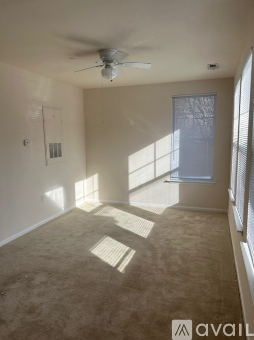 A room with a carpeted floor and a ceiling fan.