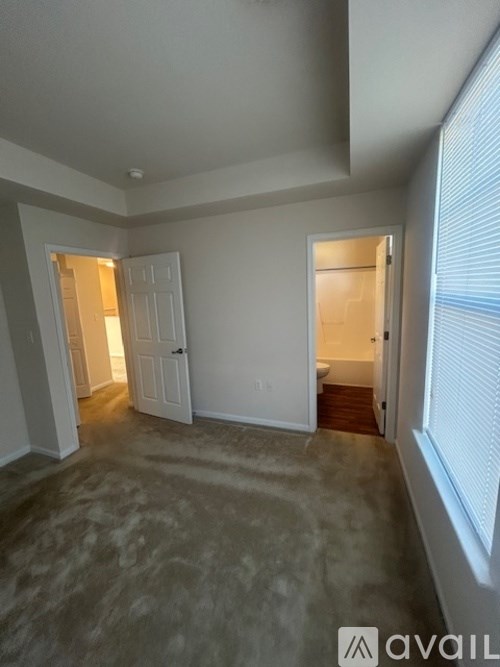 A room with carpeted floor and two open doors.