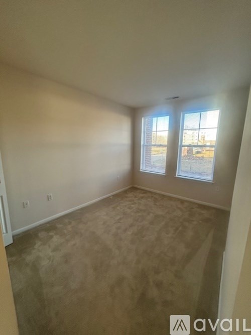 A room with a carpeted floor and two windows.