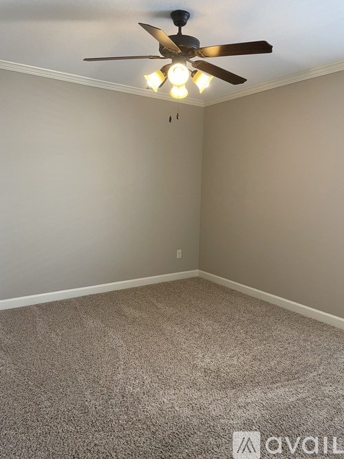 A room with a ceiling fan and carpeted floor.