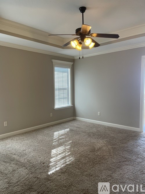 A room with a ceiling fan and carpeted floor.