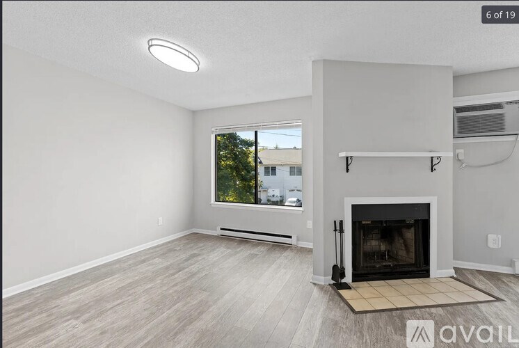 A spacious living room with a fireplace and a window overlooking a tree-lined street.