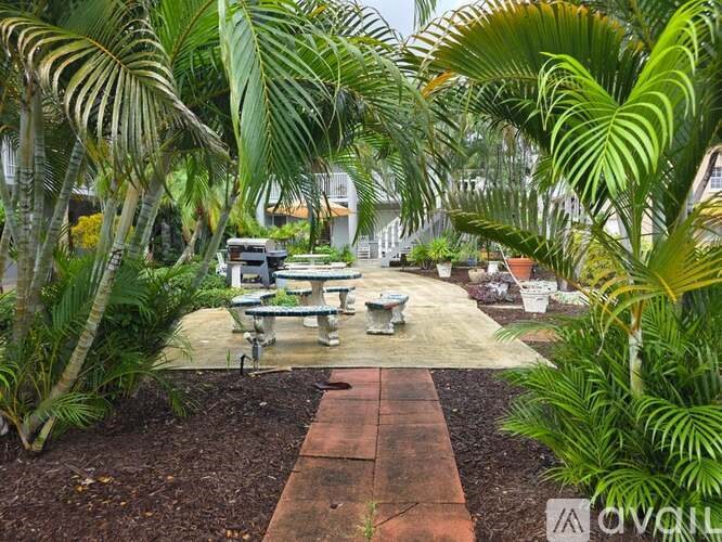 A garden with a picnic table surrounded by palm trees.