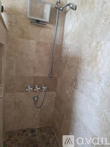 A shower area with a glass door and a shower head.
