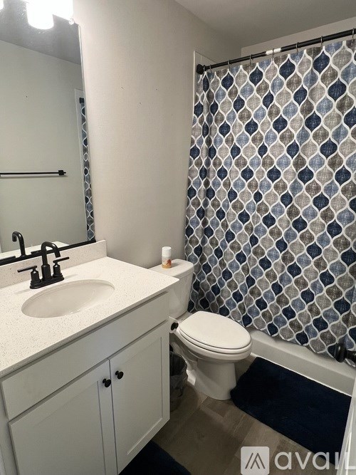 A bathroom with a sink, toilet and shower curtain.