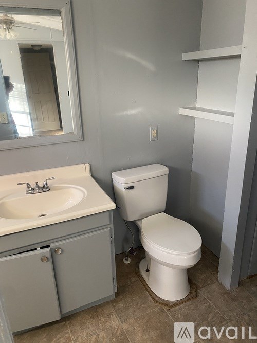 A bathroom with a toilet, sink, and mirror.