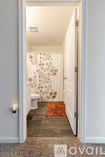 A bathroom with a floral shower curtain and a rug on the floor.
