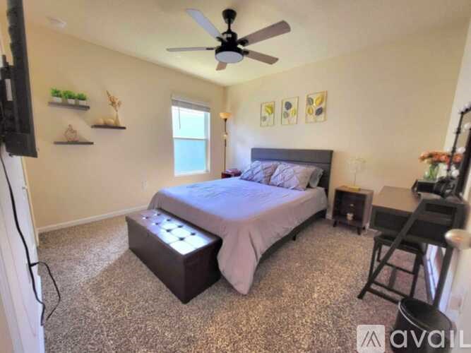 A bedroom with a bed, desk, and ceiling fan.