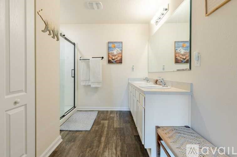 A bathroom with a white vanity and a walk-in shower.