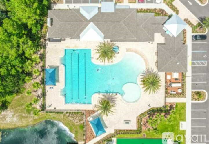 An aerial view of a house with a swimming pool and a palm tree.
