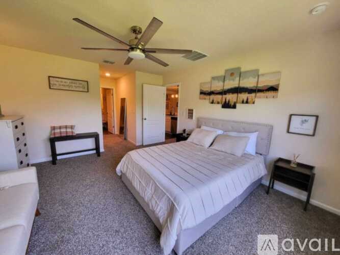 A bedroom with a large bed, a ceiling fan, and a painting on the wall.