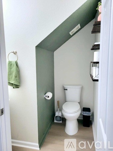 A white toilet in a green painted bathroom.