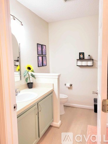 A bathroom with a toilet, sink, and a mirror.