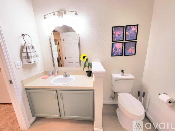 A bathroom with a sink, toilet, and a mirror.