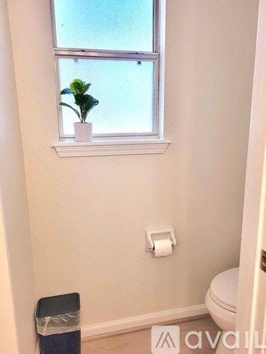 A small potted plant sits on a windowsill in a white bathroom.
