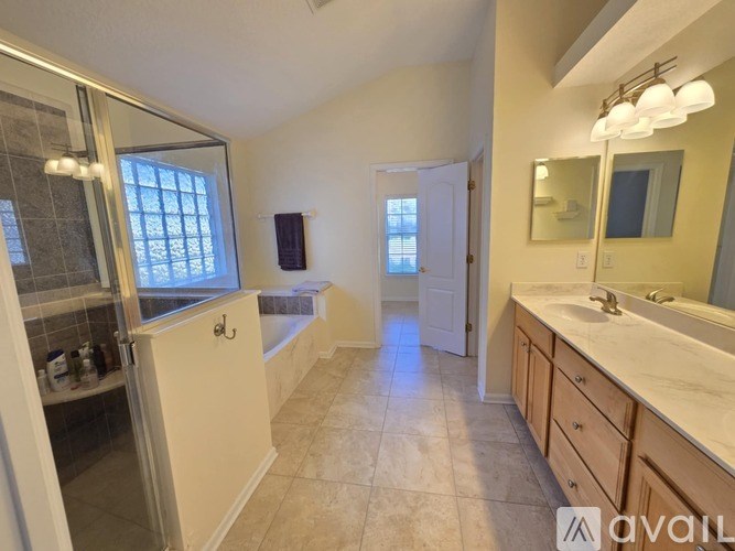 A bathroom with a walk-in shower and a bathtub.