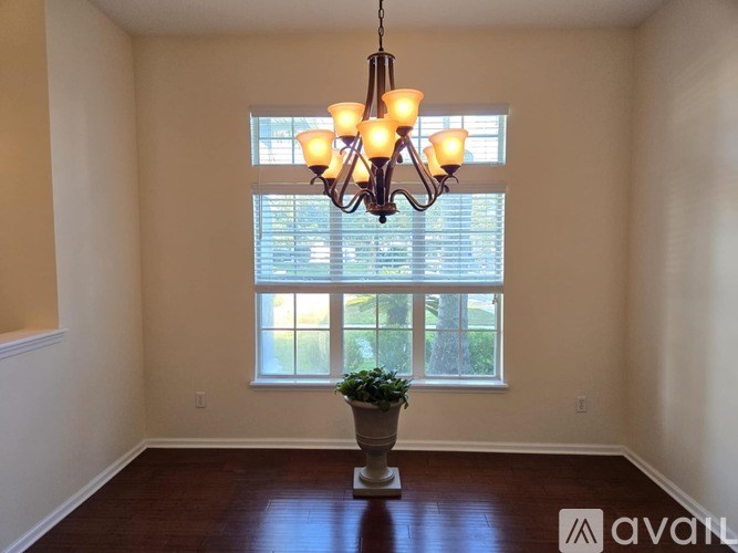 A room with a large window, a chandelier, and a potted plant.
