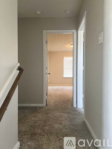 A hallway with a carpeted floor and a door at the end.