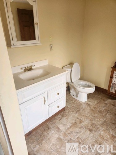 A bathroom with a toilet, sink, and mirror.