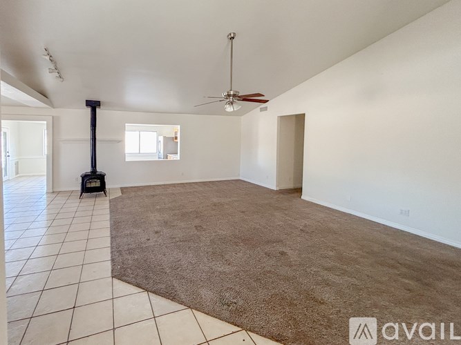 A spacious room with a rug, a fan, and a black stove.