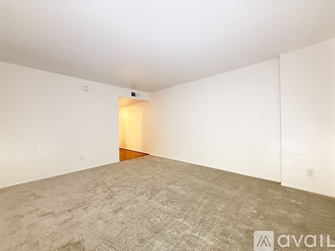 A room with a carpeted floor and a wooden door.