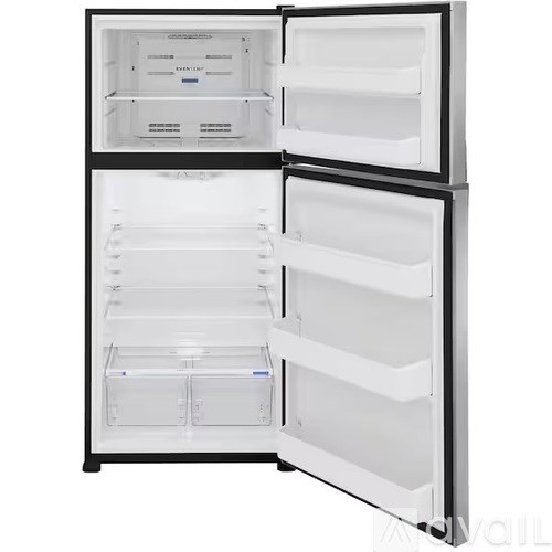 A white double door refrigerator with the door open.