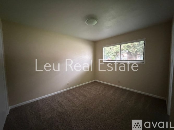 A room with a carpeted floor and a window showing trees outside.