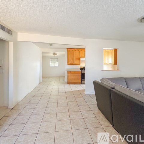 A living room with a grey couch and a kitchen area in the background.