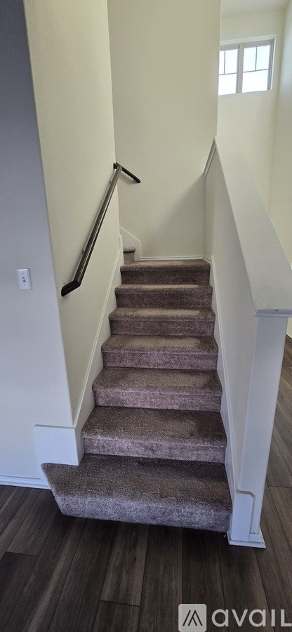 A staircase with a carpeted runner and a black handrail.