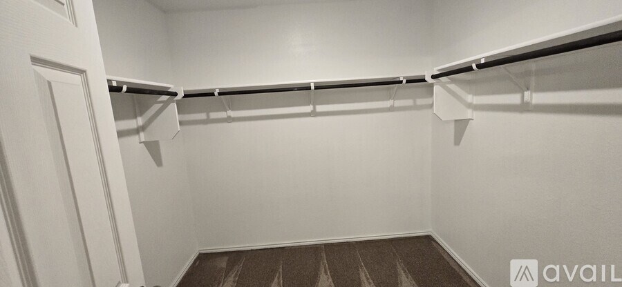 A small, empty closet with a carpeted floor.