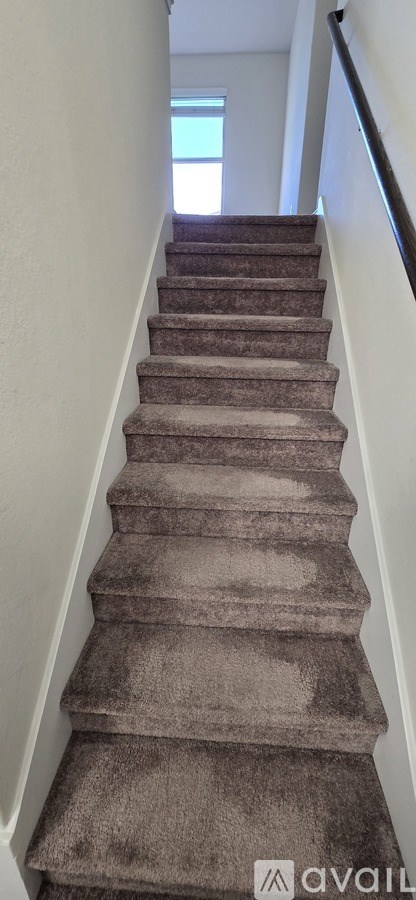 A staircase with a carpeted runner and a black handrail.