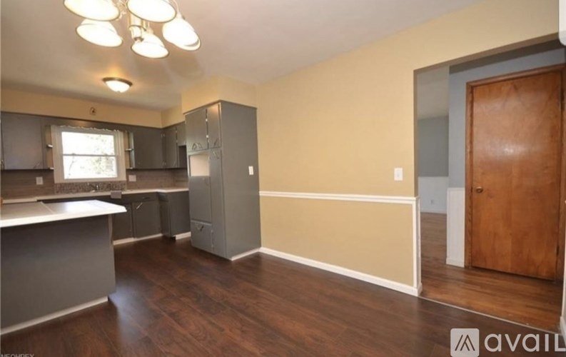 A kitchen area with wooden floors and a countertop.