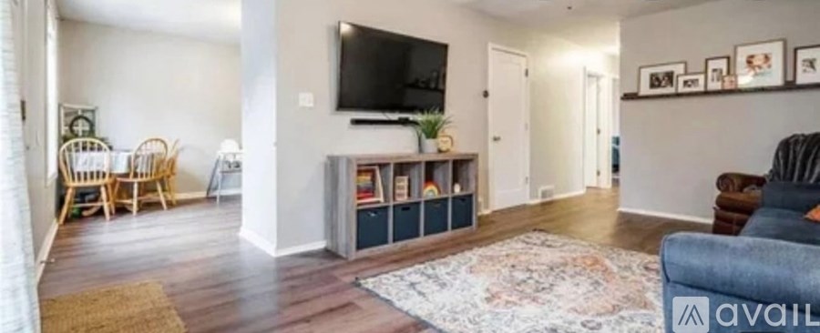 A living room with a television, chairs, and a rug.
