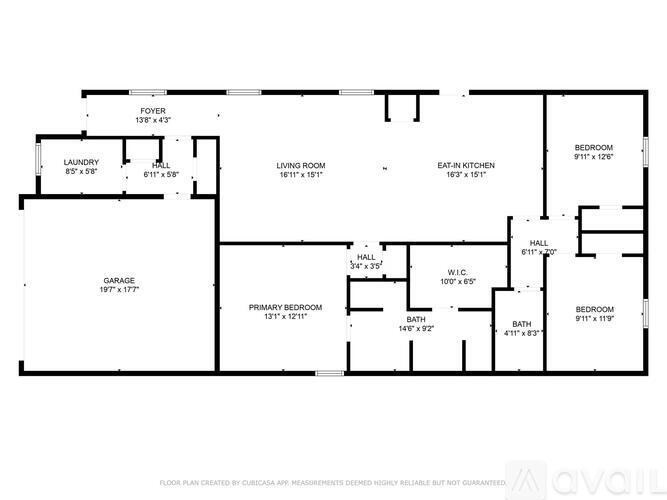 A floor plan for a home with a living room, dining room, kitchen, and multiple bathrooms.