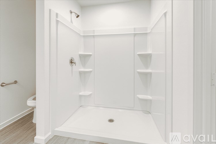 A white bathroom with a walk-in shower and a toilet.