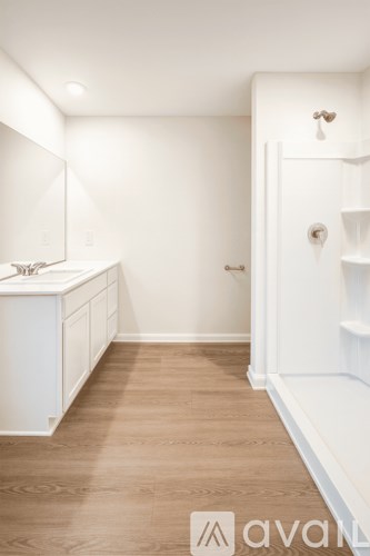 A bathroom with a sink, mirror, and wooden floor.