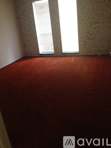 A room with a red carpet and two windows.