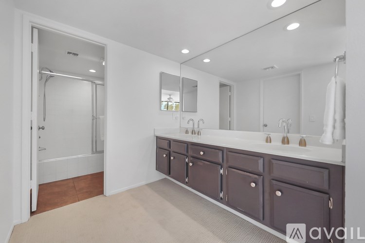 A bathroom with a white vanity and a walk-in shower.