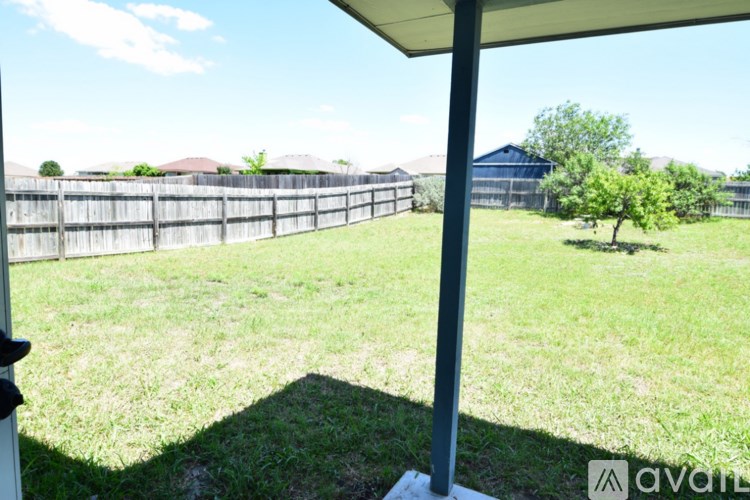 A backyard with a wooden fence and a tree.