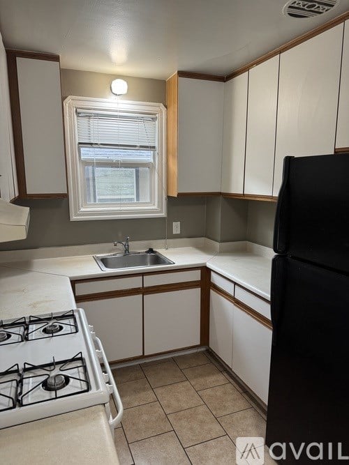 A kitchen with a black refrigerator, white sink, and a window.