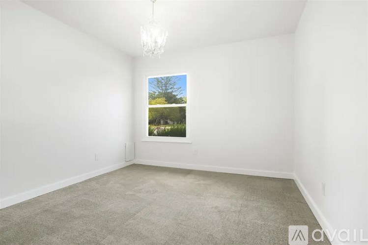 A room with a window showing a view of trees and a hanging chandelier.