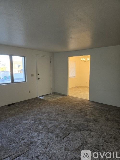 A carpeted room with a door and a window.