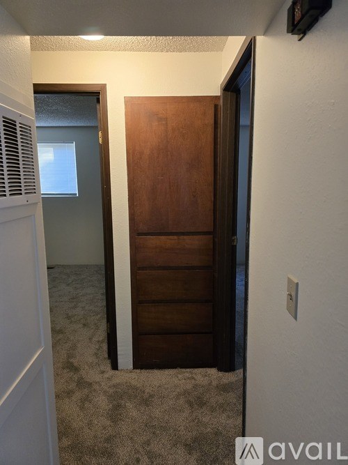 A room with a carpeted floor and a wooden door.