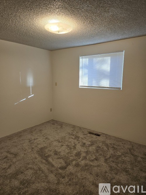 A room with a carpeted floor and a window with blinds.