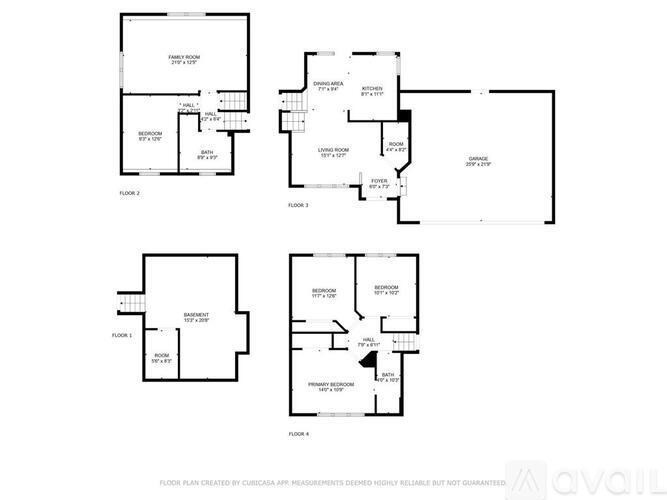 Four black and white floor plans for a building are laid out.