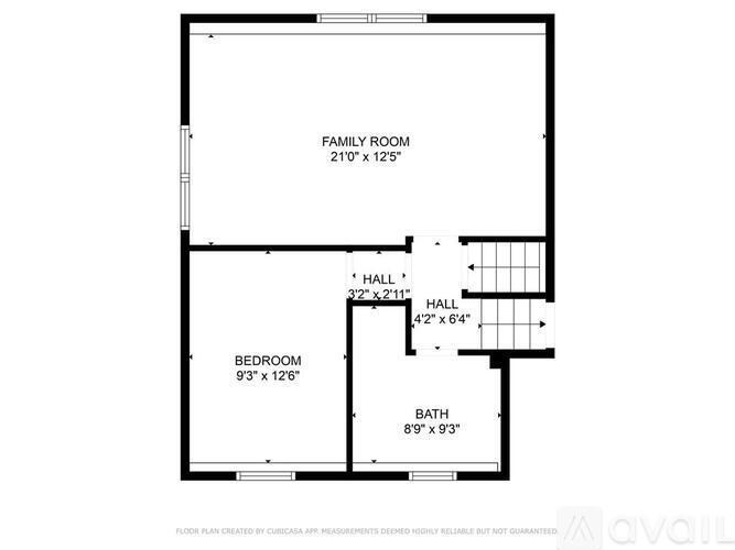 A floor plan for a home with a family room, two halls, a bedroom, and a bath.