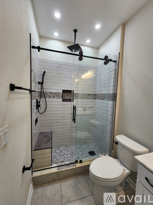 A bathroom with a toilet, a walk-in shower, and a towel rack.