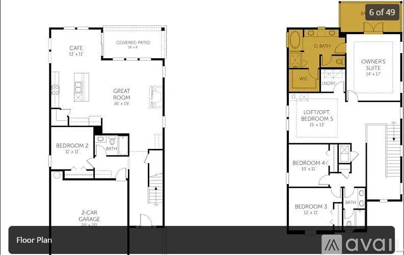 A floor plan of an apartment with 49 units, showing the layout of each bedroom and bathroom.