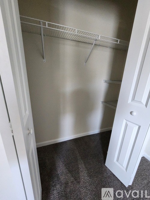 A white door is open to a small closet with a metal rack.