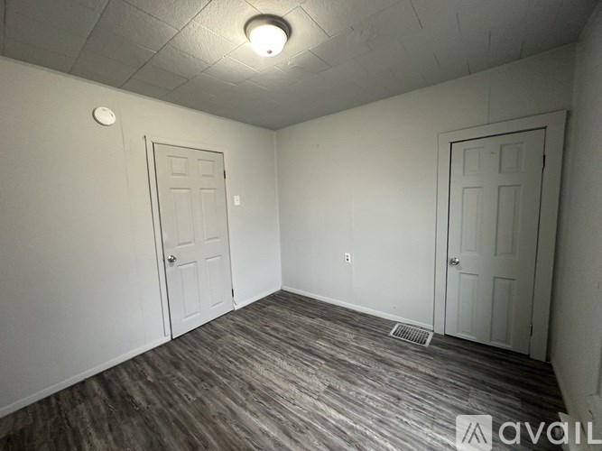 A room with two doors and a light on the ceiling.